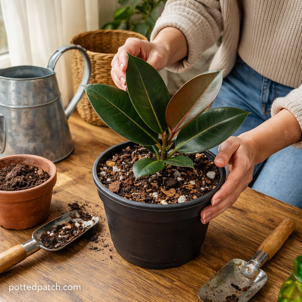 Person gently adjusting leaves of a rubber plant in a well-draining soil mix indoors.