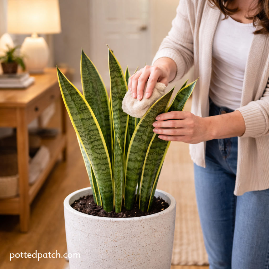 Person gently cleaning the leaves of a snake plant placed in a well-lit indoor hallway.