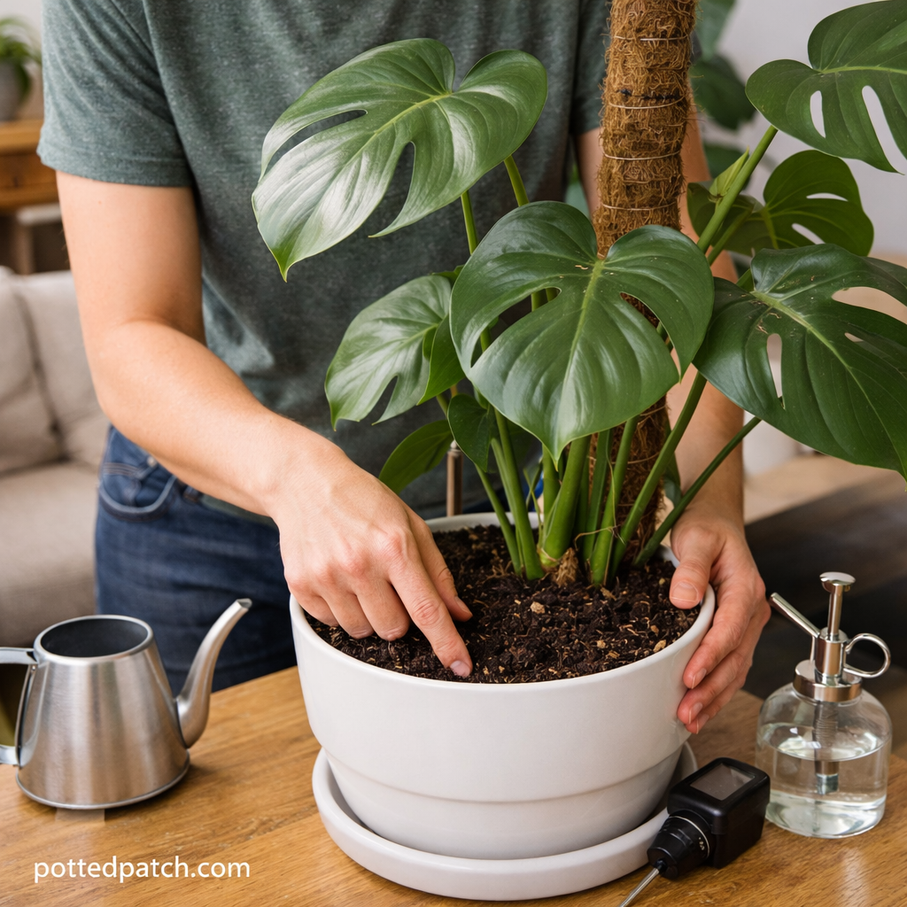 Person checking soil moisture of a Monstera plant by pressing a finger into the potting soil.
