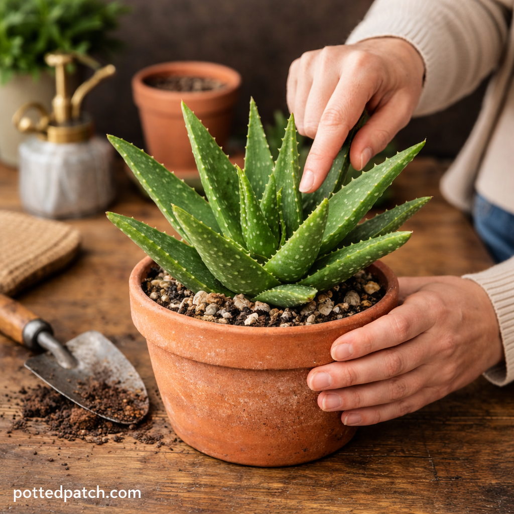 Person checking soil moisture of a potted aloe vera plant indoors with pottedpatch.com watermark.