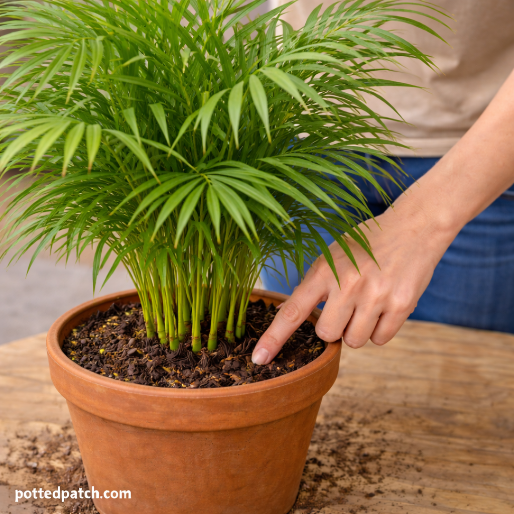 Person checking soil moisture with finger in a terracotta pot containing an indoor Areca palm.