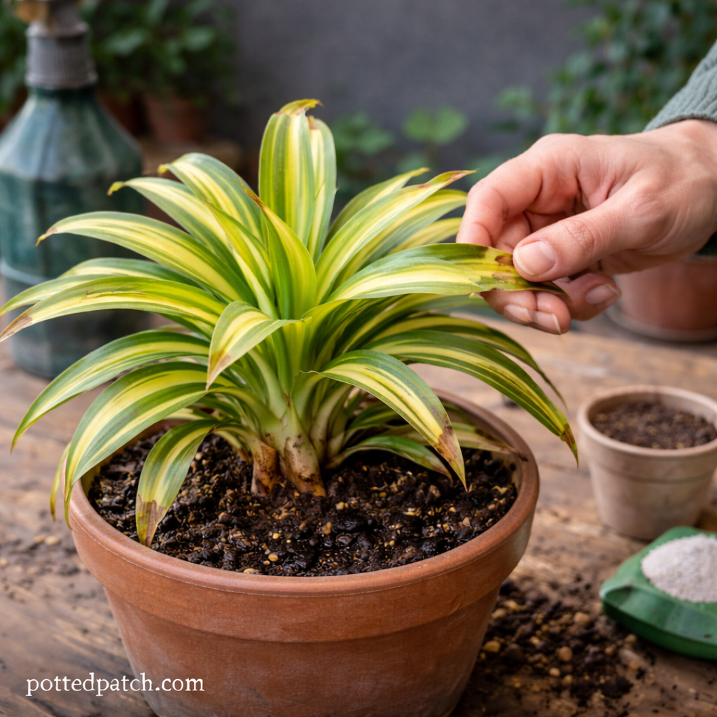 Person examining brown leaf tips on a dracaena plant indoors.