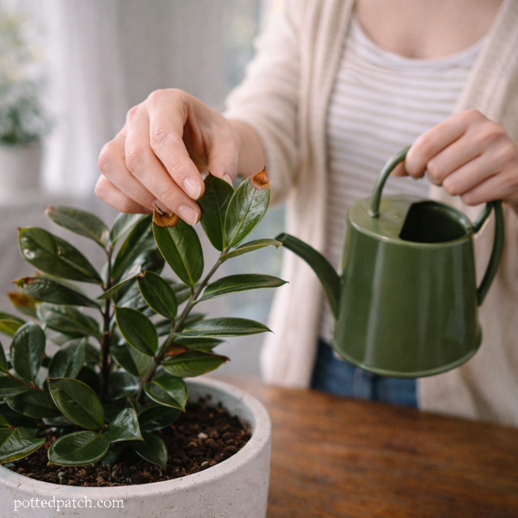 Person examining brown leaf tips on a ZZ plant while holding a green watering can indoors with pottedpatch.com watermark.