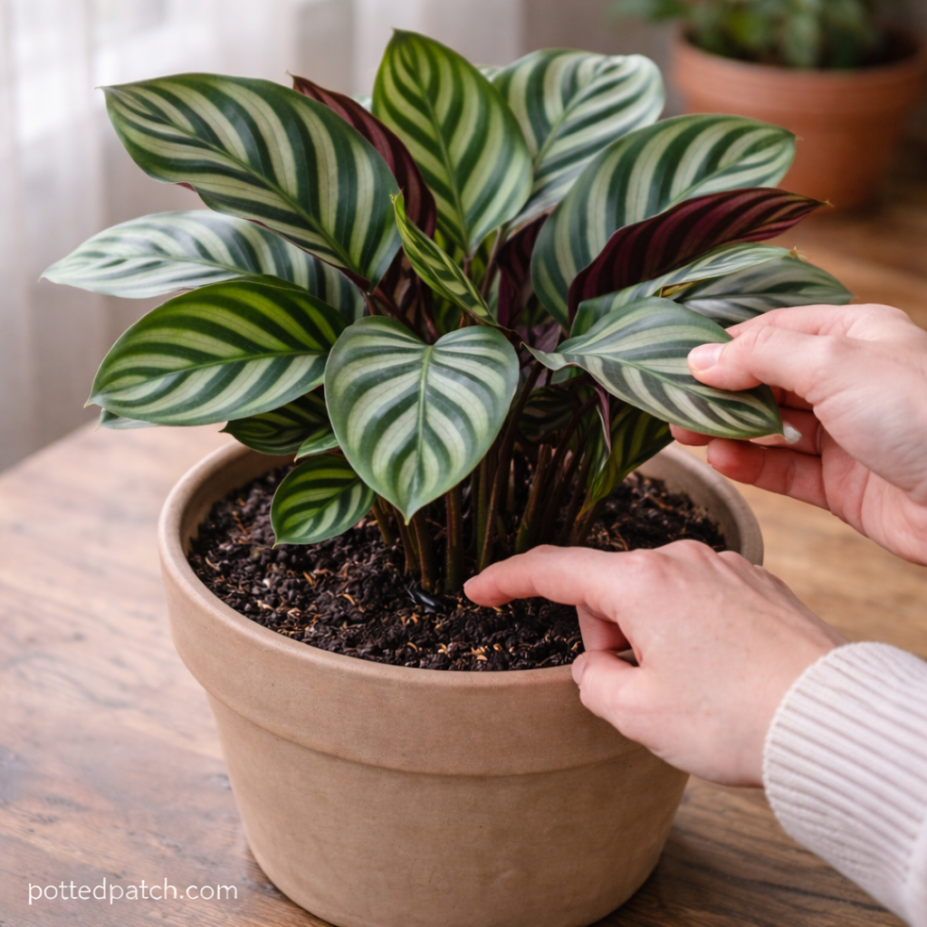Person checking soil moisture of a calathea plant by inserting a finger into the soil indoors, with pottedpatch.com watermark.