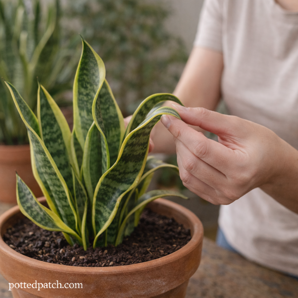 Person gently bending a curled snake plant leaf to check firmness and hydration.