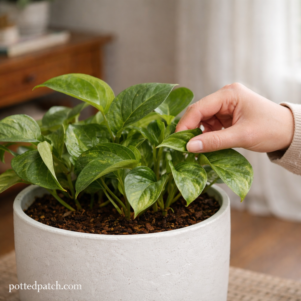Person gently inspecting curled pothos leaves in a white pot indoors with pottedpatch.com watermark.