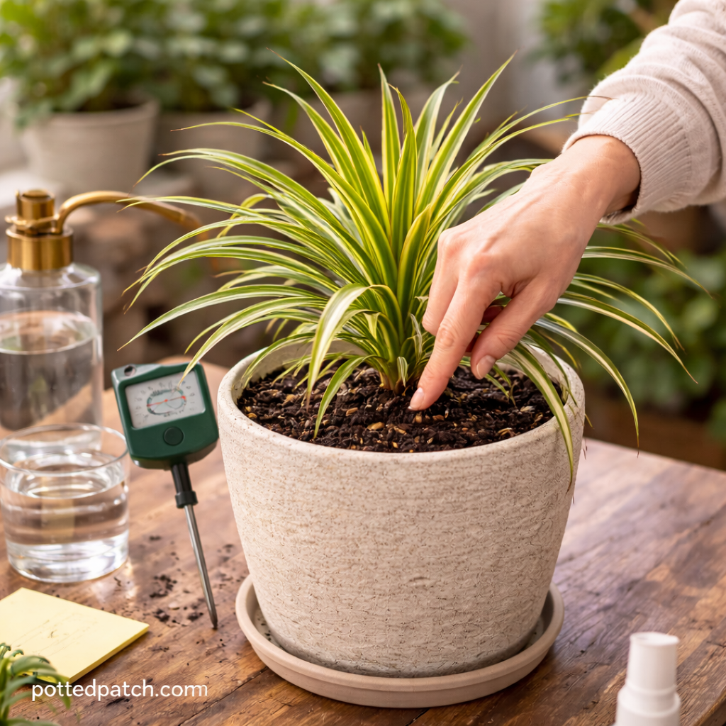Person checking soil moisture of a dracaena plant with finger before watering indoors.