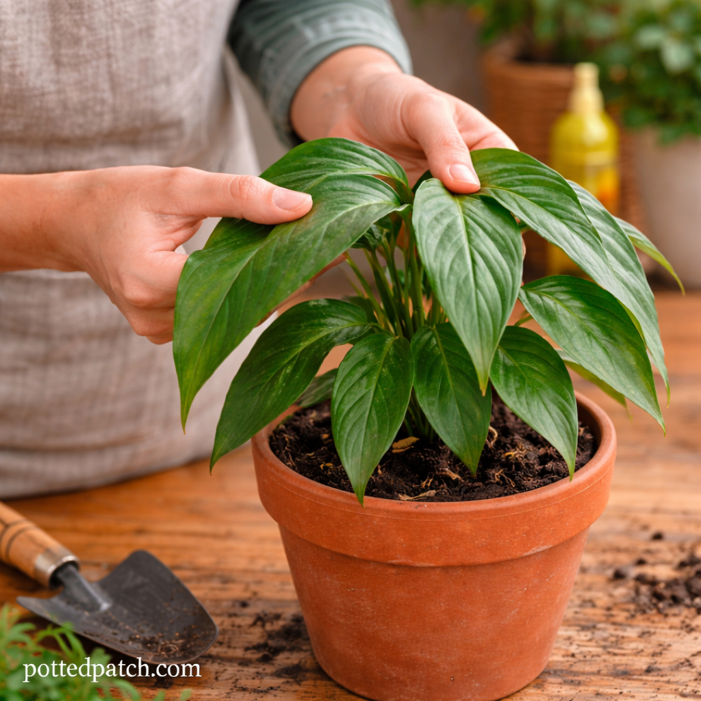 Person gently lifting drooping leaves of a houseplant to check for signs that the plant needs water.