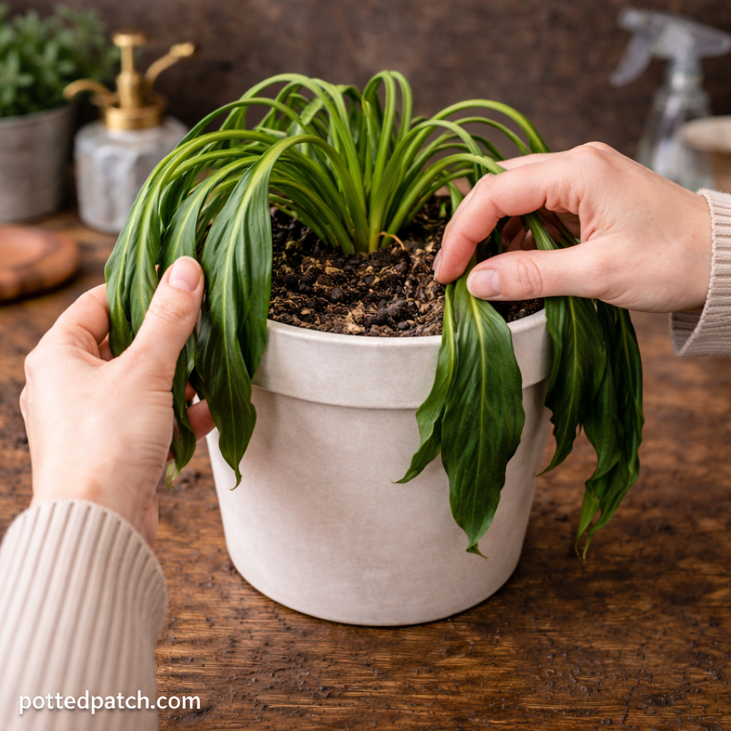 Person checking soil moisture and lifting drooping leaves on a peace lily indoors with pottedpatch.com watermark.