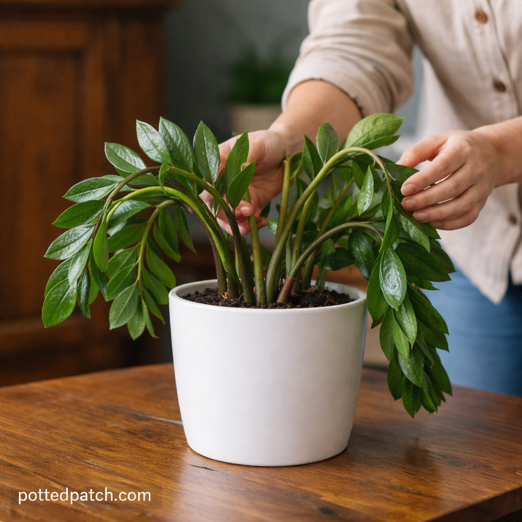 Person gently inspecting drooping stems on a ZZ plant in a white pot indoors.