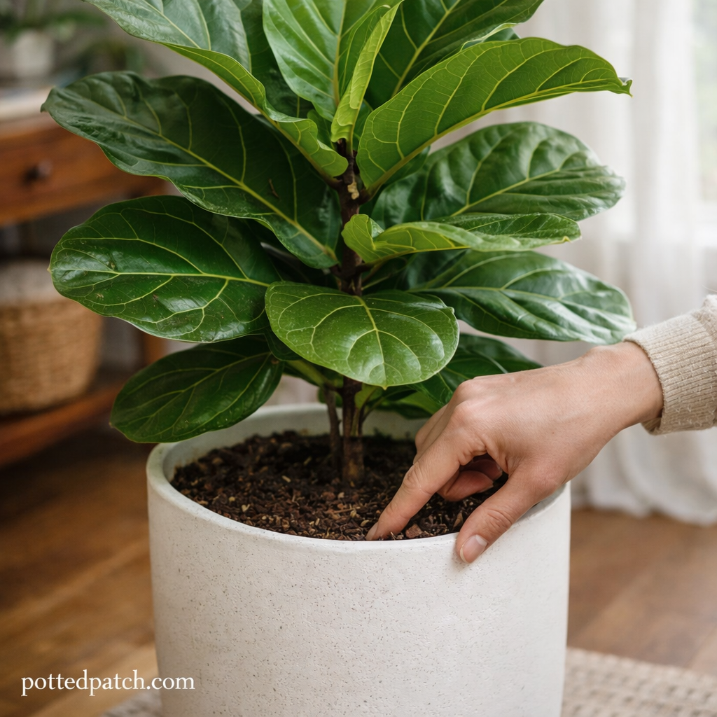 Person checking soil moisture of a fiddle leaf fig in a white pot indoors with pottedpatch.com watermark.