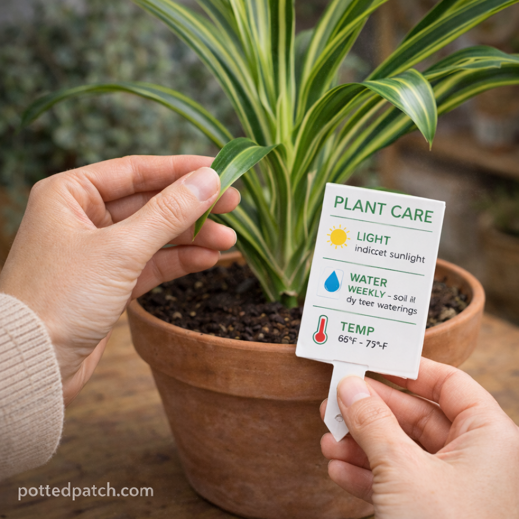 Person gently inspecting a houseplant leaf while referencing a plant care tag indoors.