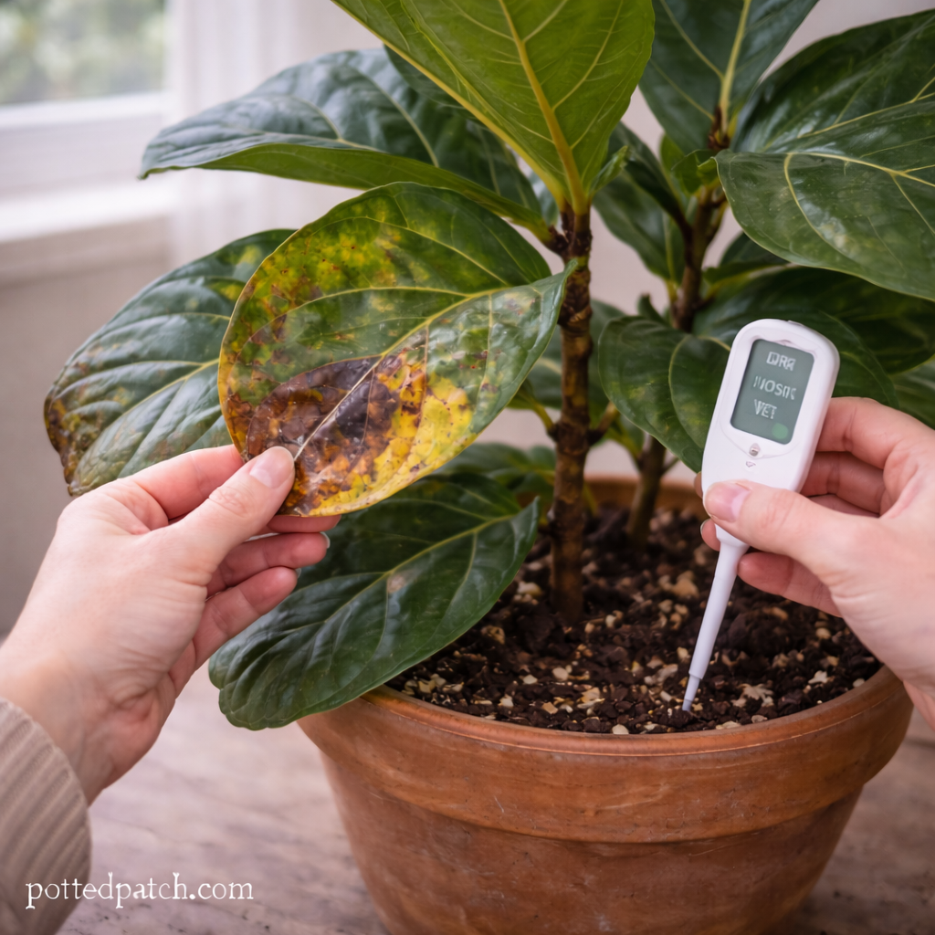 Person inspecting a damaged fiddle leaf fig leaf while using a moisture meter in the soil with pottedpatch.com watermark.