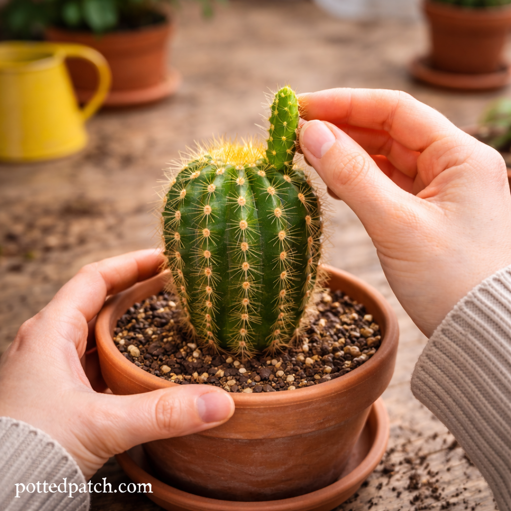 Person gently touching fresh new growth on a small indoor cactus in a terracotta pot.
