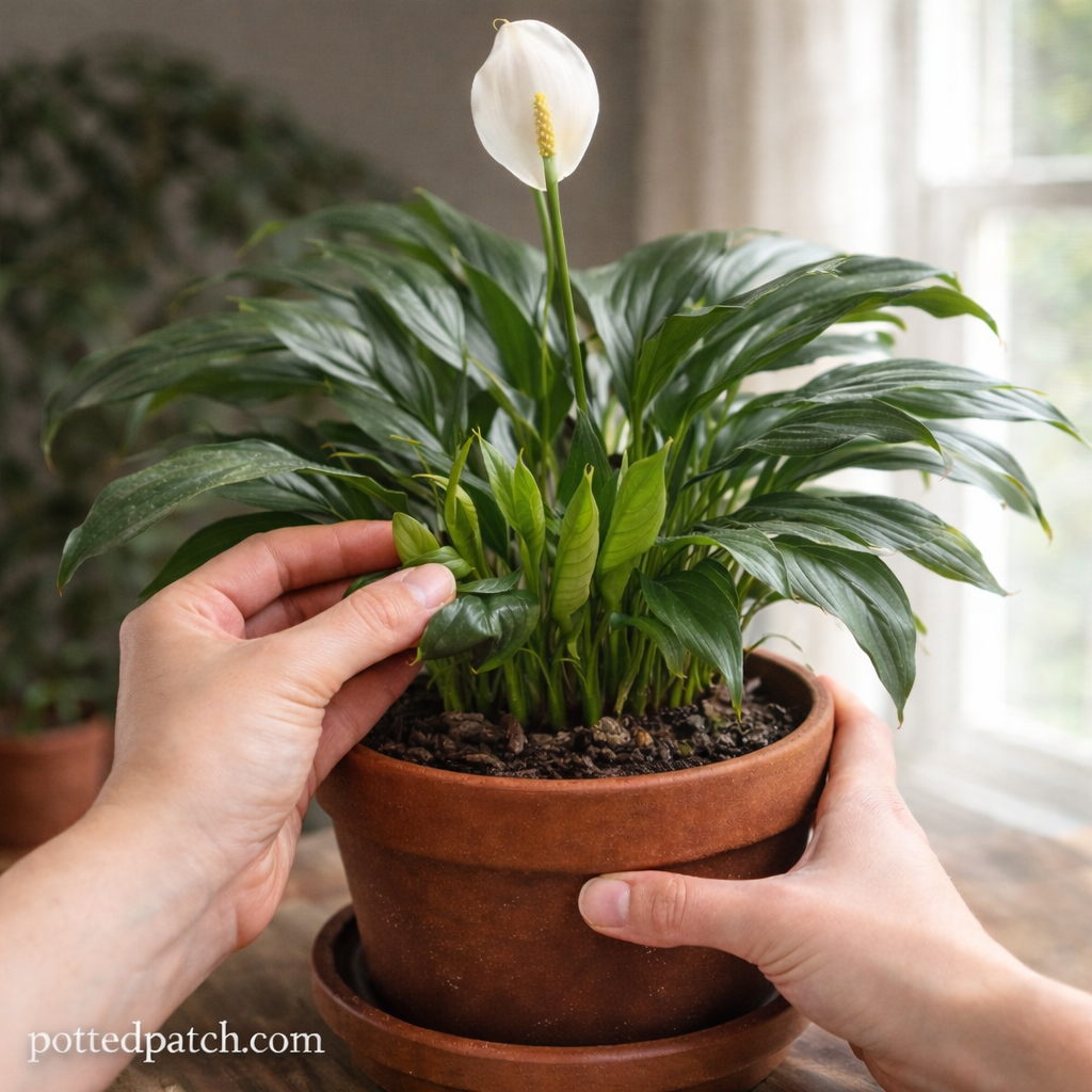 Hands gently inspecting new leaf growth on a potted peace lily in bright indoor light, with pottedpatch.com watermark.
