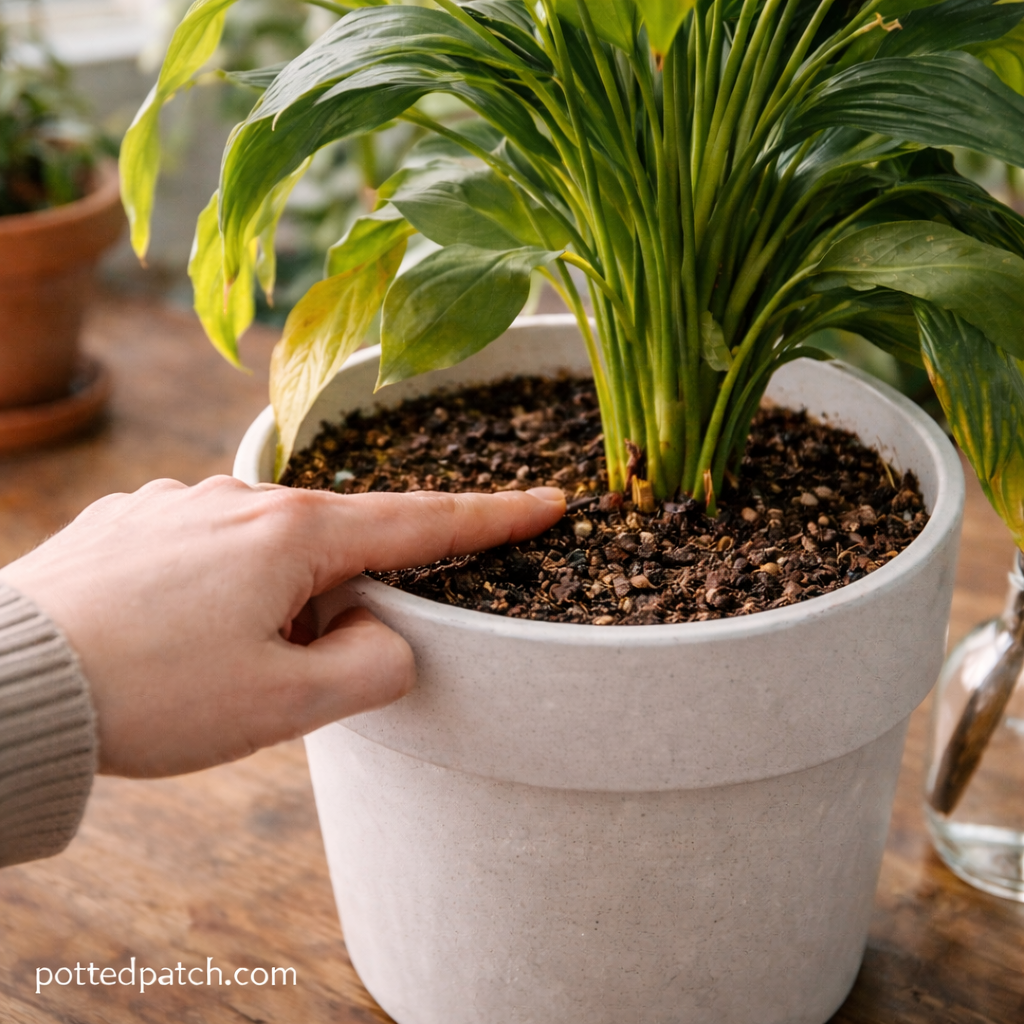 Person checking soil moisture with a finger in a peace lily pot to prevent mold growth.