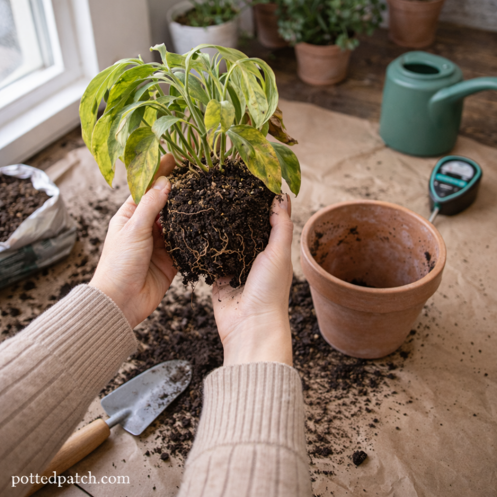 Person holding a houseplant root ball during repotting to inspect roots for signs of stress or rot.