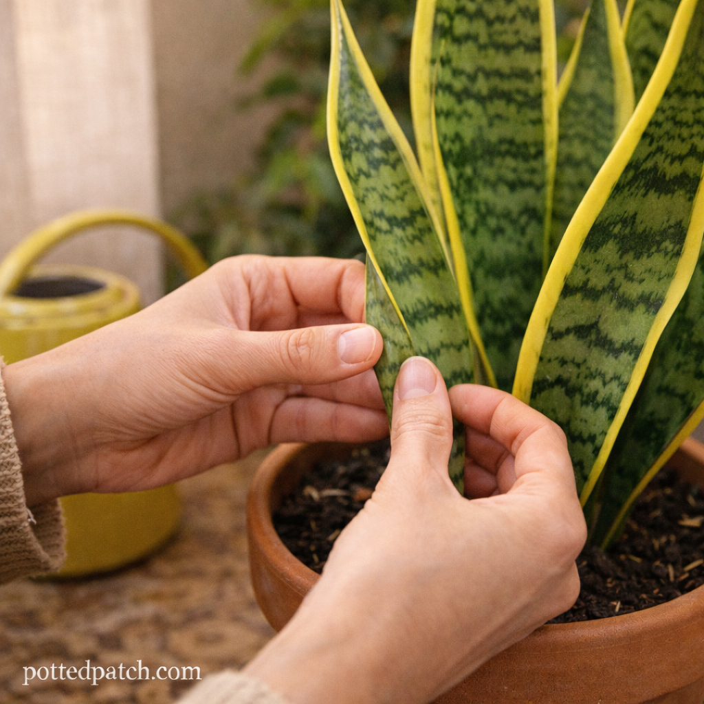 Person gently squeezing a snake plant leaf to check firmness and determine if it needs water.