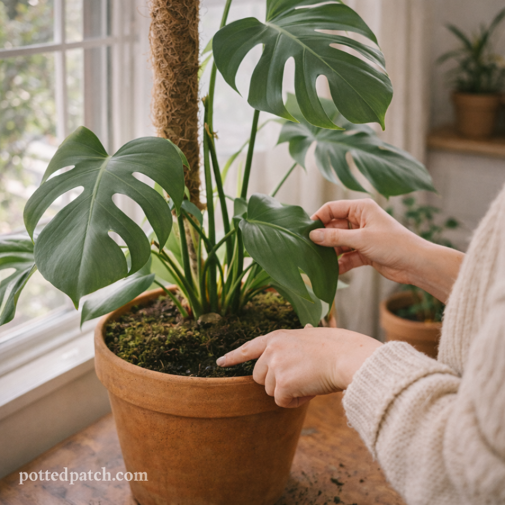 Person checking soil moisture and examining Monstera leaves to diagnose slow growth.