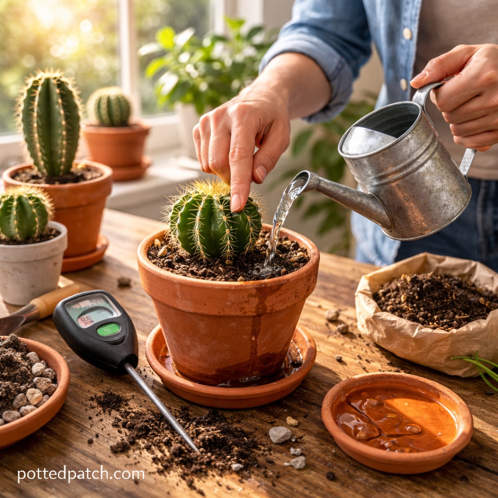 Person checking soil dryness and watering an indoor cactus in a terracotta pot near a sunny window.