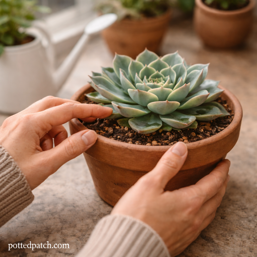 Person checking soil dryness of an indoor succulent in a terracotta pot near a bright window with pottedpatch.com watermark in the bottom left.