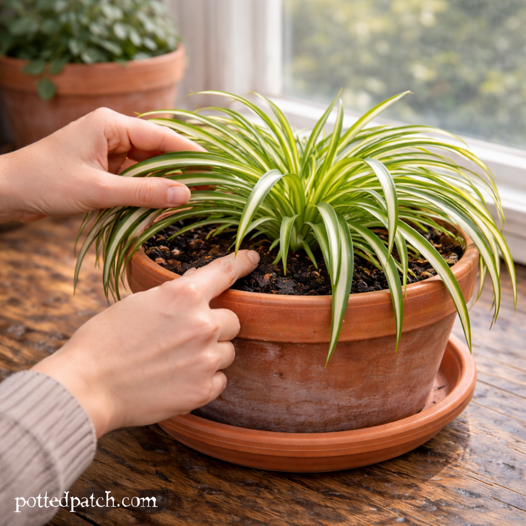 Person checking soil moisture of a drooping spider plant in a terracotta pot indoors.