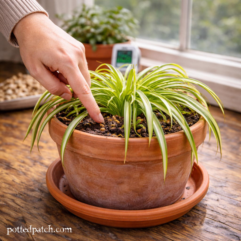 Person checking soil moisture in a wilting spider plant by inserting a finger into the potting mix.
