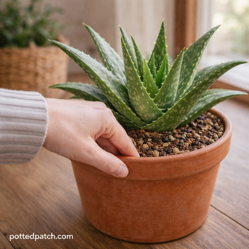 Person checking soil moisture of an indoor aloe vera plant in a terracotta pot near a bright window with pottedpatch.com watermark.