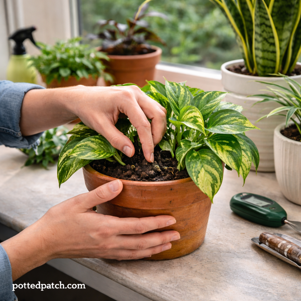Beginner checking soil moisture by hand in a potted houseplant during routine plant care.