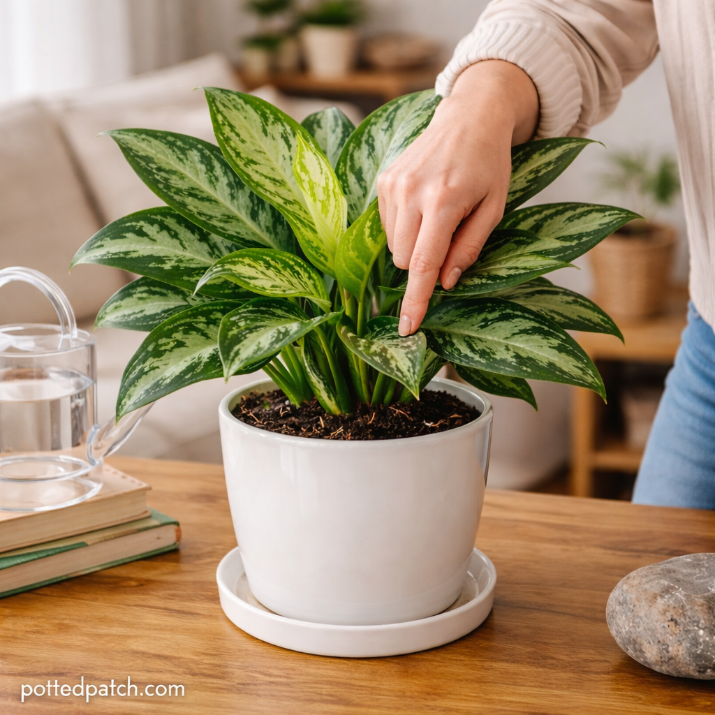 Person checking soil moisture with finger in a potted Chinese Evergreen plant indoors with pottedpatch.com watermark.