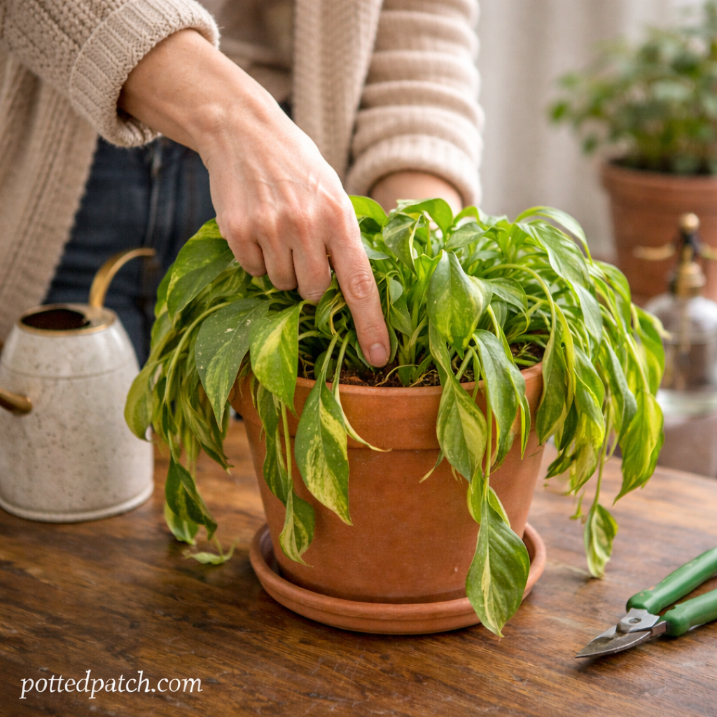 Person checking soil moisture of a drooping pothos plant in a terracotta pot indoors with pottedpatch.com watermark.