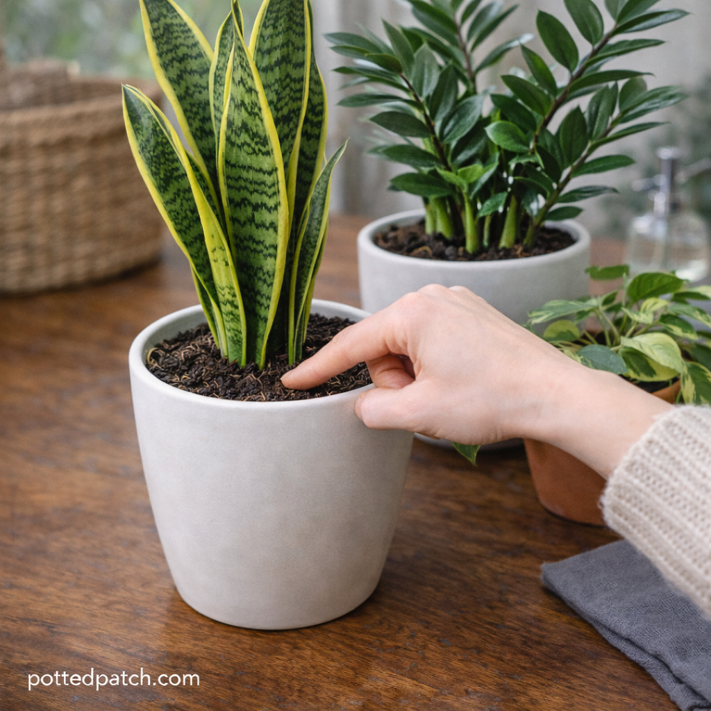 Beginner checking soil moisture of an indoor houseplant to learn proper watering techniques.