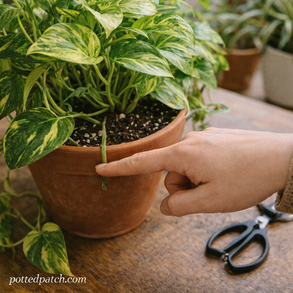 Person checking soil moisture of an indoor pothos plant by touching the soil in a terracotta pot.