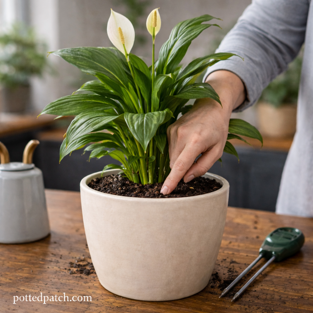 Person checking soil moisture of a peace lily with finger test indoors with pottedpatch.com watermark on bottom left.