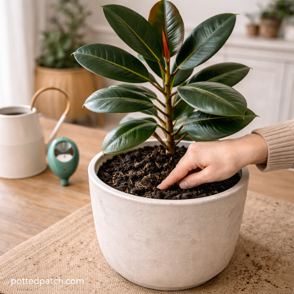 Hand checking soil moisture of a rubber plant in a ceramic pot indoors.