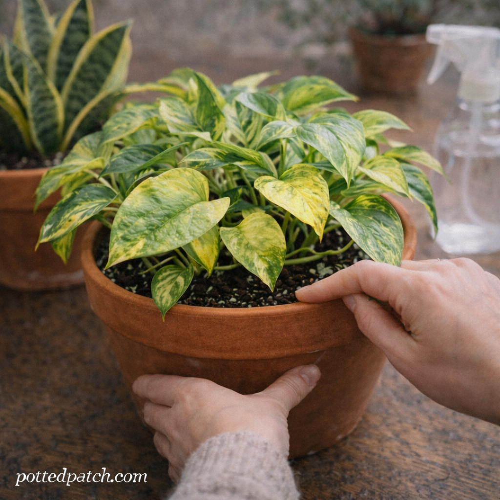 Person checking soil moisture of an indoor pothos plant by pressing a finger into the soil.