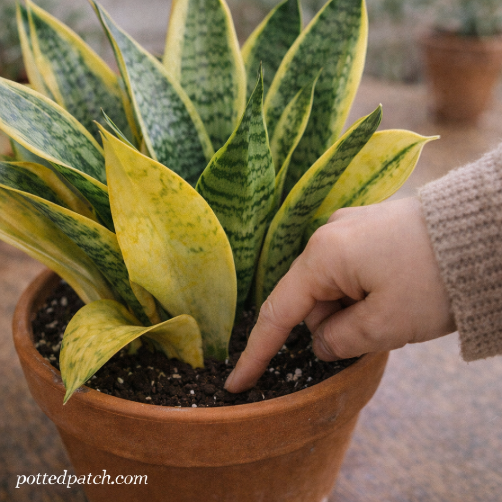 Person checking soil moisture of a snake plant by pressing a finger into the soil to diagnose yellow leaves.