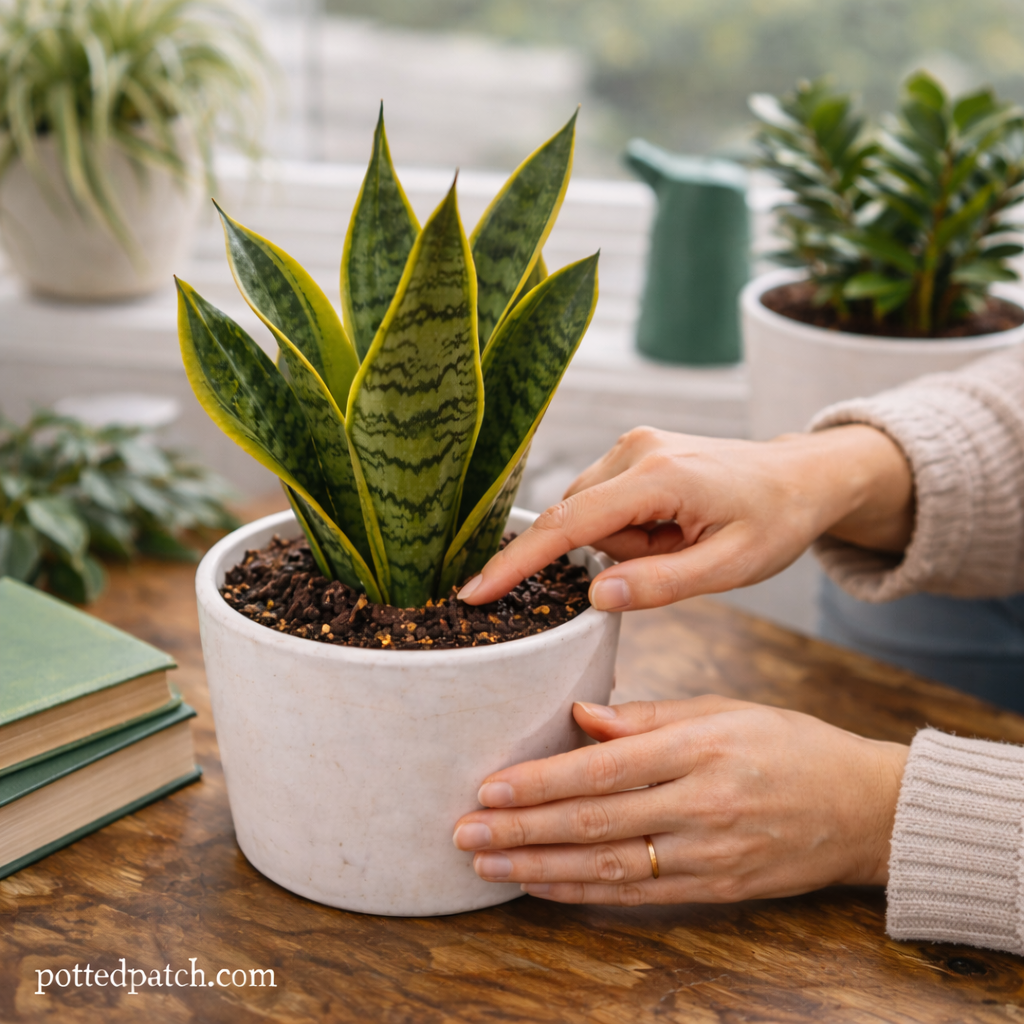 Person checking soil moisture in a snake plant pot indoors with pottedpatch.com watermark.
