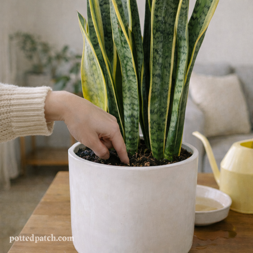 Person checking soil moisture in a snake plant pot to avoid overwatering.
