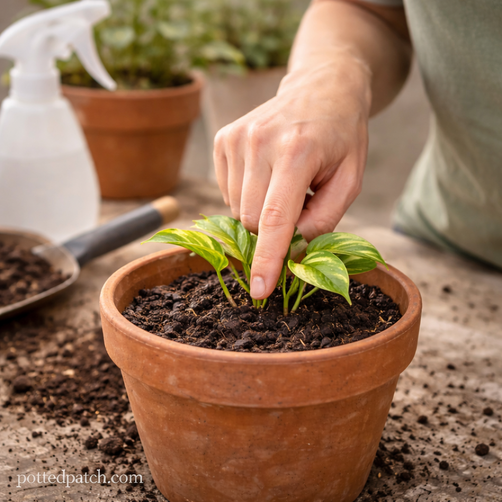 Person checking soil moisture with a finger in a small potted houseplant.