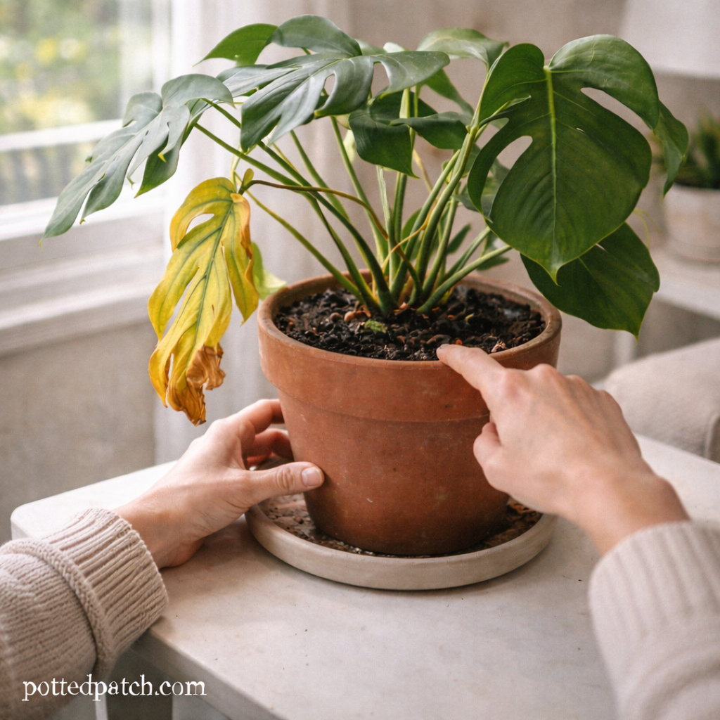 Person checking soil moisture in a potted monstera plant to identify conditions that cause root rot.