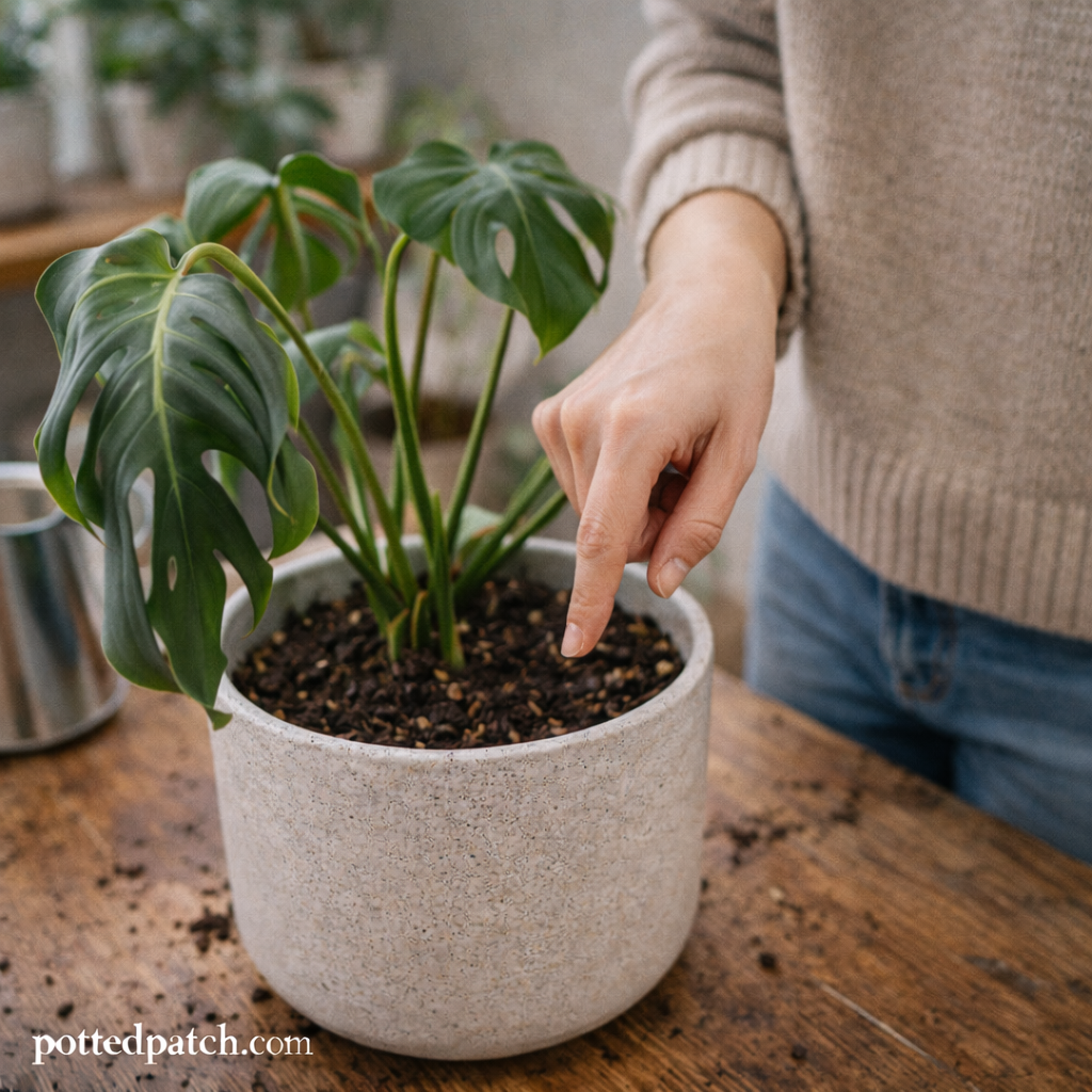 Person checking soil moisture of a wilting Monstera plant indoors.