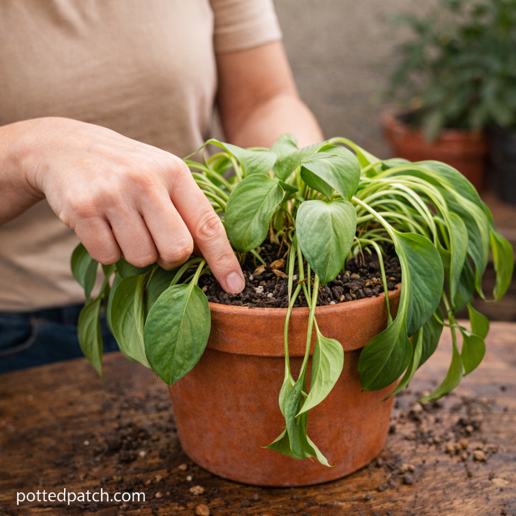 Person checking soil moisture of a wilting pothos plant in a terracotta pot indoors.