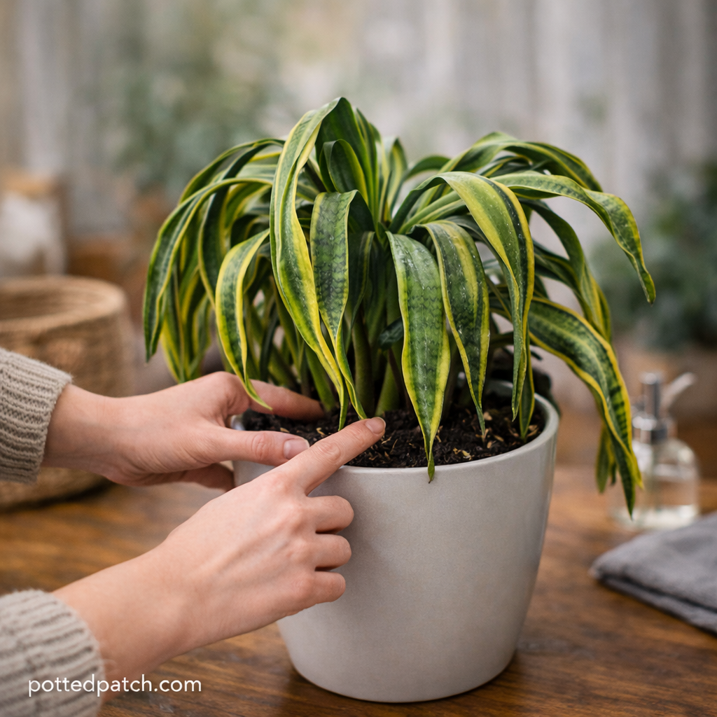 Person checking soil moisture of a wilting snake plant to diagnose watering and root issues.