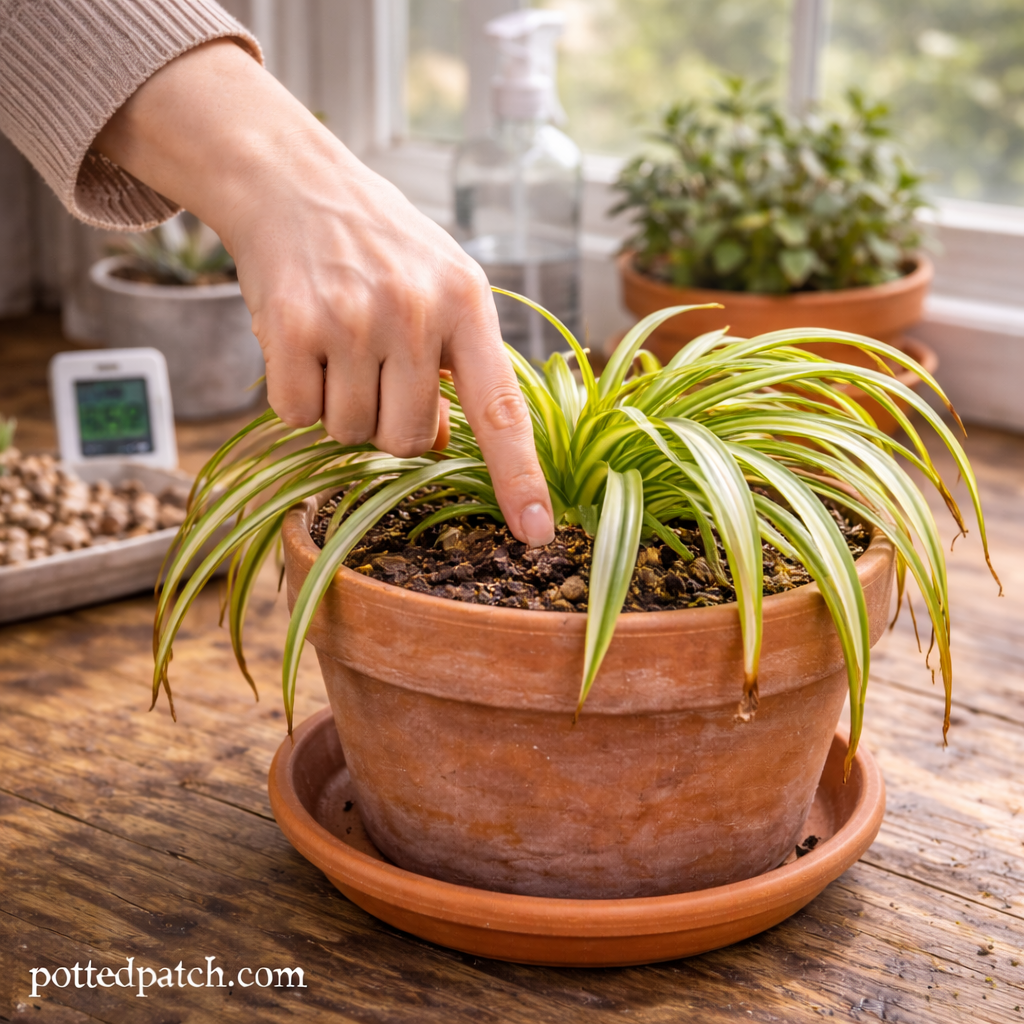 Person checking soil moisture in a wilting spider plant using their finger indoors.