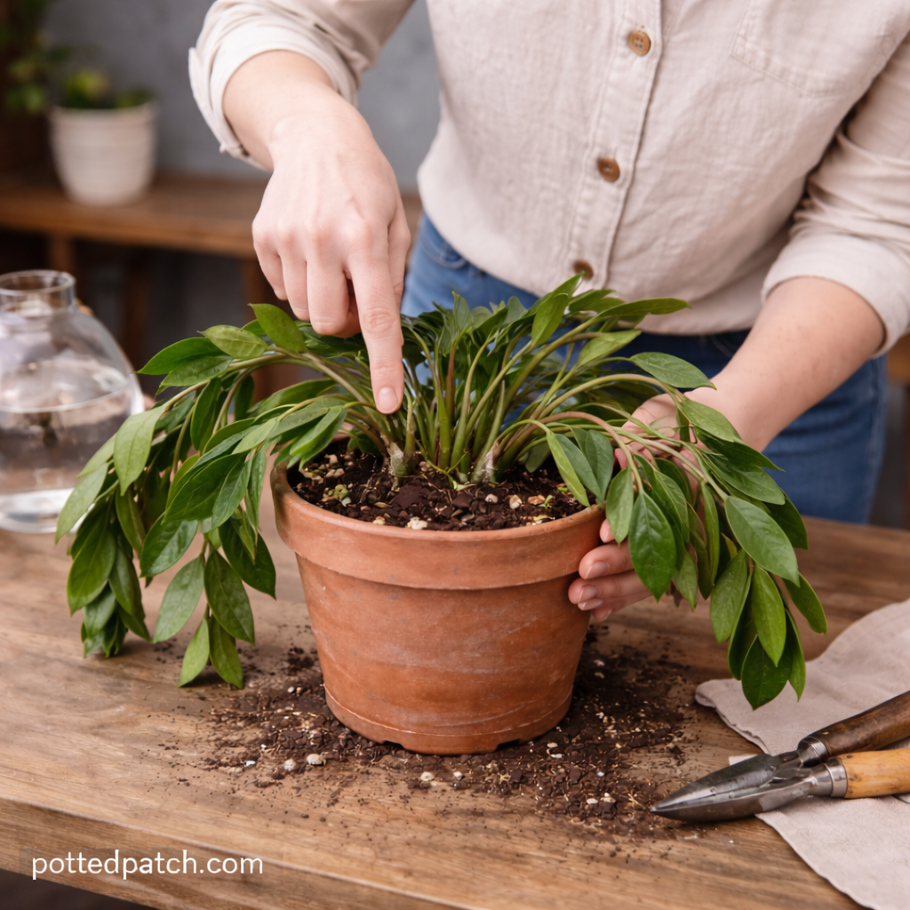 Person checking soil moisture of a drooping ZZ plant in a terracotta pot.