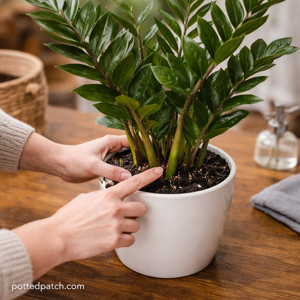 Person checking soil moisture of a ZZ plant in a white pot to determine when to water.