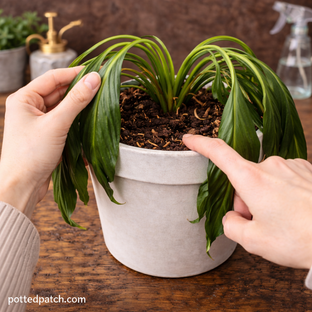 Person checking soil moisture and lifting drooping leaves on a peace lily with pottedpatch.com watermark.