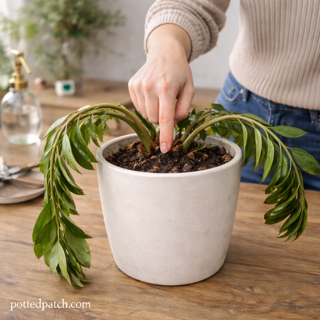 Person checking soil moisture in a wilting ZZ plant in a white pot indoors.