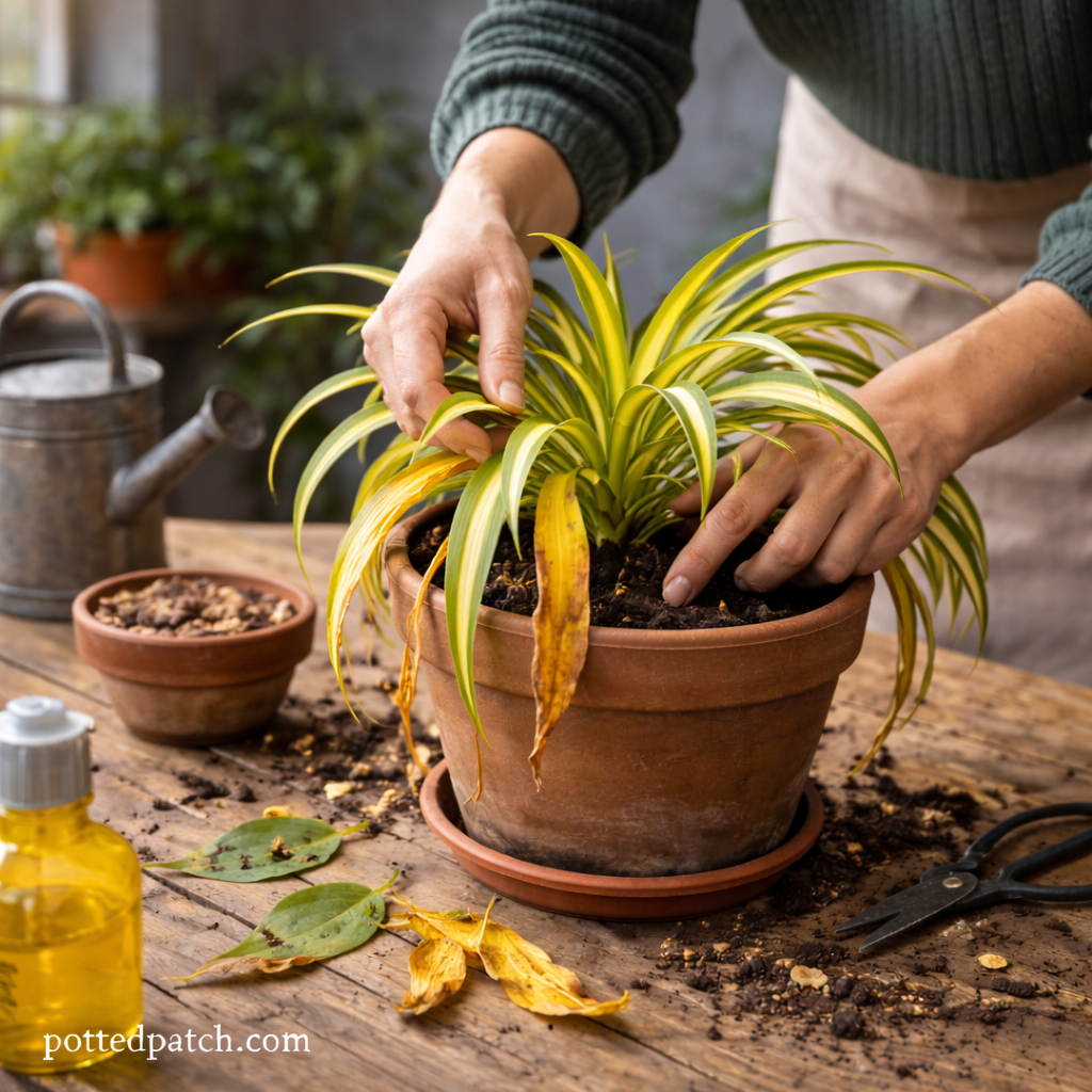 Person checking soil moisture and inspecting yellow leaves on a spider plant indoors.